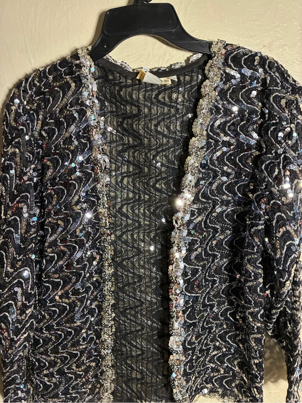 Black Sequin Open-Front Evening Cardigan,Disco sparkle, Fancy - Picture 3 of 15